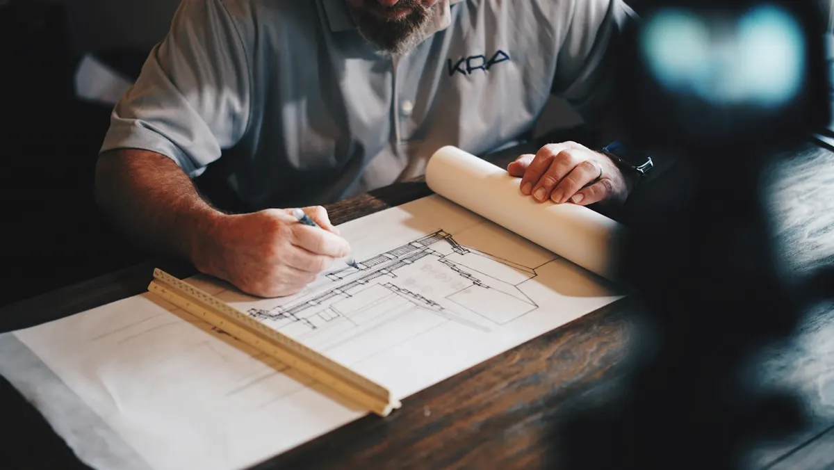 Entrepreneur annotant des plans de construction sur un bureau, mètre pliant posé à côté